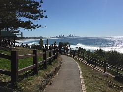 Beautiful scenic image looking down a straight footpath leading towards the beach, with ocean beyond and highrises in the far distance and blue sky above
