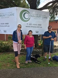 Kim, Hailey, her dog and Justin with a blind cane outside the Tambourine Mt Community Care centre