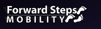 logo with the words, Forward steps mobility with three black footprints angling towards two o'cloc